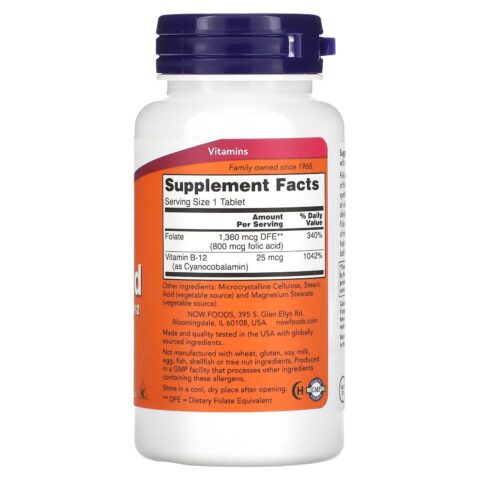 NOW Foods, Folic Acid, 800 mcg, 250 Tablets - Image 2